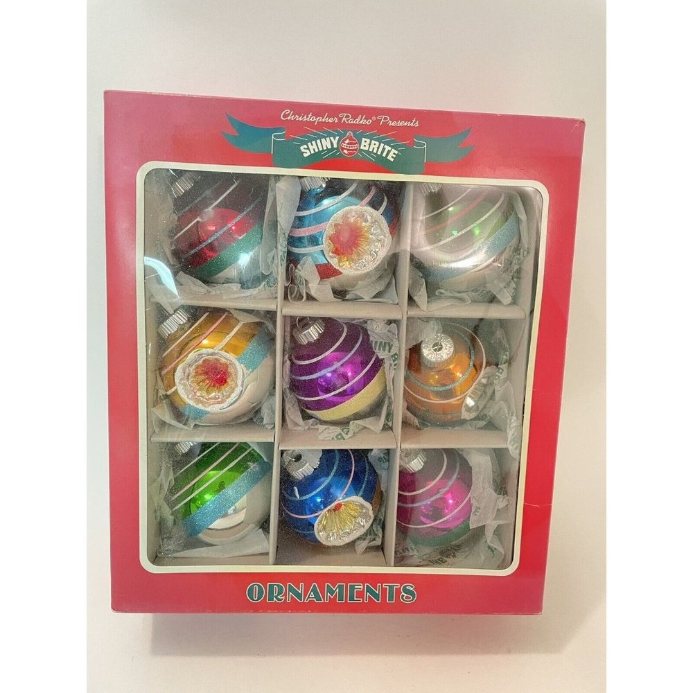 CHRISTOPHER RADKO SHINY BRITE Set of 9 Silver White Ornaments 3” Christmas Read